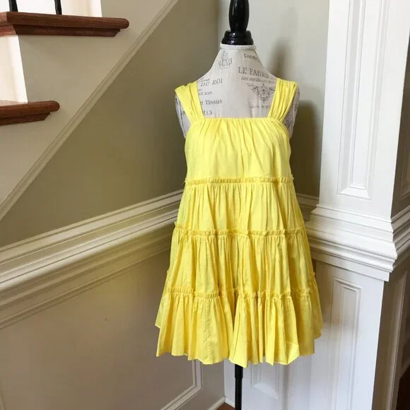 Aje Le Mempris Tiered Mini Dress Womens 4 Citrus Yellow Lemon Cotton Sleeveless